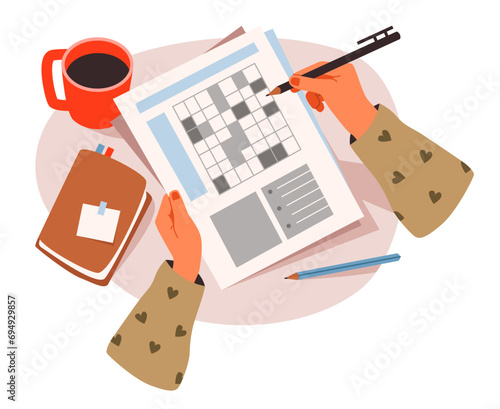 Solving the crossword puzzle. Hands holding a newspaper with a crossword puzzle. Flat vector illustration 