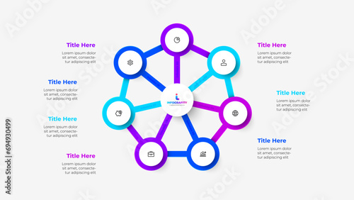 Heptagon abstract diagram with central circle and 6 circles around. Infographic template
