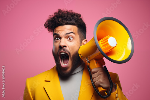 Black Man Screaming in Loudspeaker on a pink background