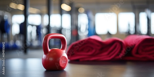 Kettlebell and towel close-up, gym scene behind.