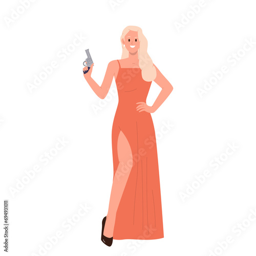 Beautiful elegant woman special secret agent cartoon characters undercover isolated on white