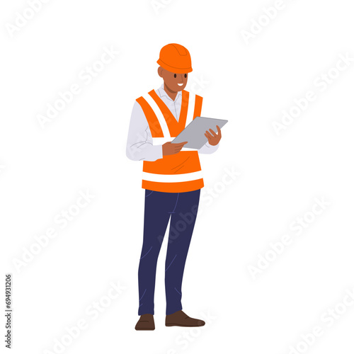 Road worker engineer supervisor cartoon character checking and controlling construction process