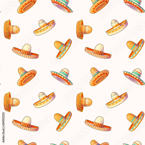 Seamless pattern with Mexican sombrero hats on a white background.