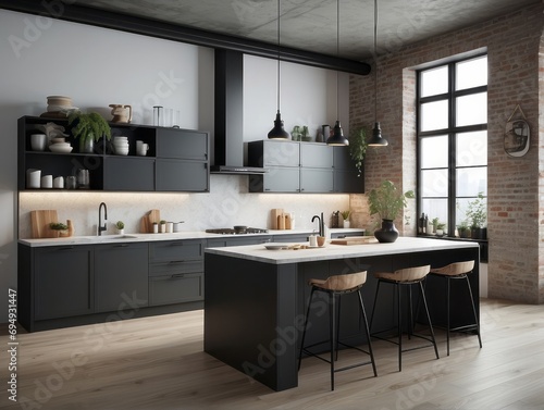 modern nordic kitchen in loft apartment. 3D rendering © Dhiandra