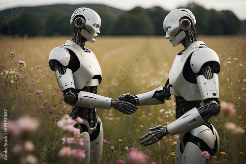 portrait of romantic couple human woman and male robot machine - futuristic love concept