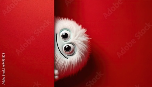 cunning plush white monster peeks from a corner, bright red background adding playful mischief photo