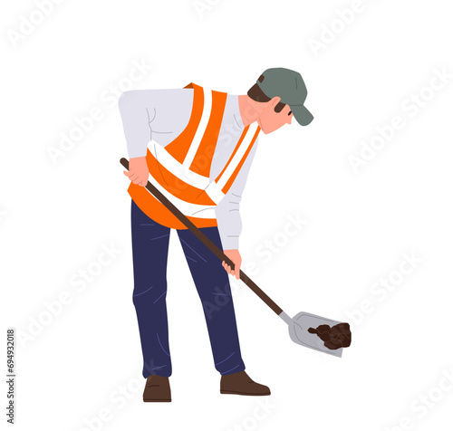 Man road worker cartoon character wearing uniform digging with shovel isolated on white background