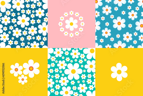 Set of floral backgrounds seamless patterns, daisies vector background in cartoon naive style.