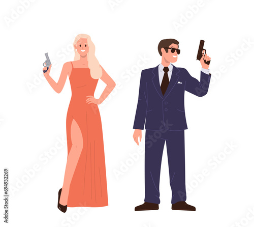 Elegant fashion couple of super agent cartoon character undercover providing investigation