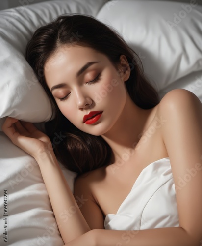 beautiful red woman with closed eyes in white sheets spleeping