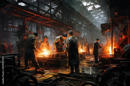 Work crew working with heavy metallurgical equipment, young male technician working in industry Ai generated
