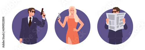 Round composition set with secret agent characters wearing elegant clothes working undercover
