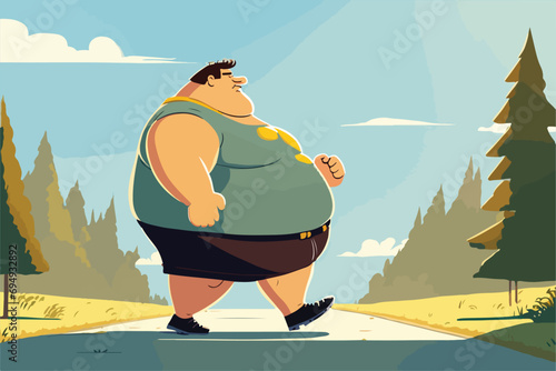 Fat man walking outdoor, vector illustration generated by AI