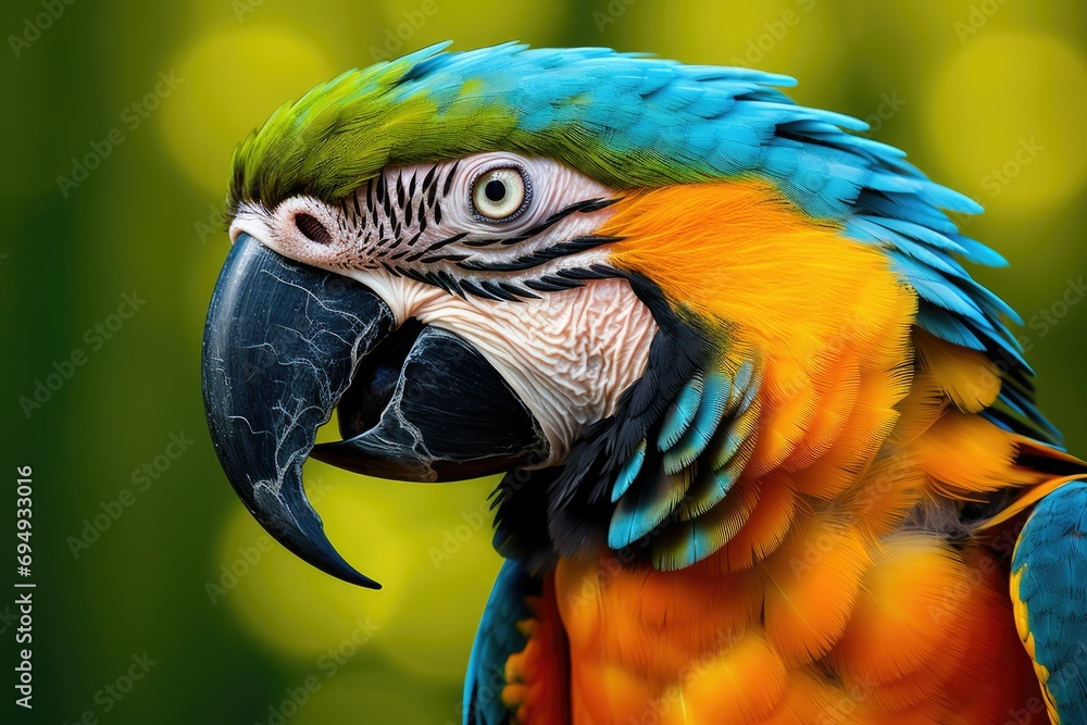 Close up photo of macaw parrot, Colorful portrait of Amazon macaw parrot against jungle. Side view of wild parrot head . Wildlife and rainforest exotic tropical birds Ai generated