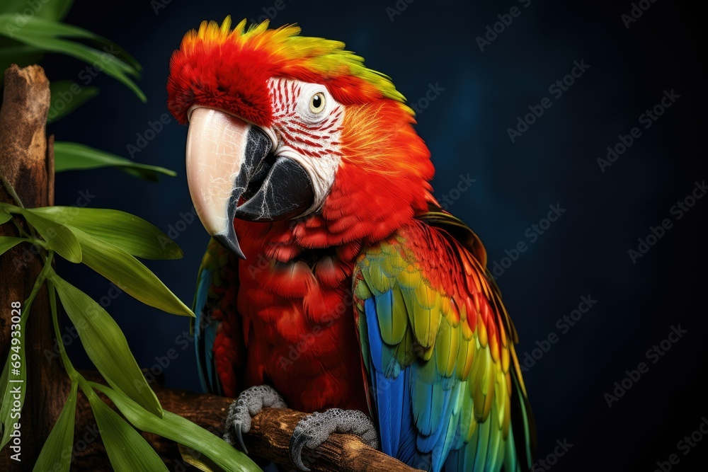 Fototapeta premium Close up photo of macaw parrot, Colorful portrait of Amazon macaw parrot against jungle. Side view of wild parrot head . Wildlife and rainforest exotic tropical birds Ai generated