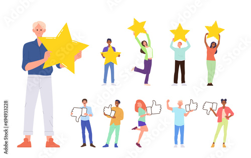 Different people giving feedback with rating star and thumbsup and thumbs-down gesture isolated set