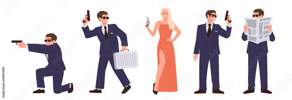 Secret agent characters set with elegant man and woman holding handgun standing in different pose Secret agent characters set with elegant man and woman holding handgun standing in different pose