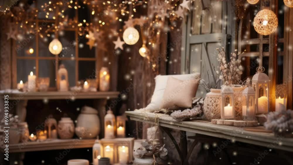 Rustic wooden buildings under snow, Christmas decor, wintertime bliss, animated snow falling down, warm lights in windows. Rustic wooden buildings under snow, Christmas decor, wintertime bliss, animated snow falling down, warm lights in windows.