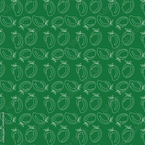 Green ripe Mango pattern wallpaper for mango juice, jelly, pickle level etc. Seamless pattern of mango fruit with leaves on green background, Hand drawn vector illustration art.