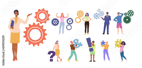 People holding different elements set man and woman with cog wheels, question, exclamation point