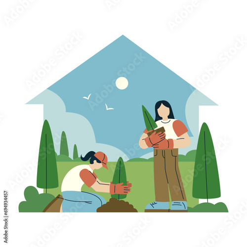 Two women planting trees in a park as part of a reforestation effort.