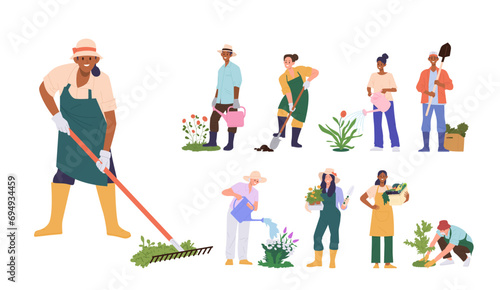 Happy people cartoon characters enjoying gardening and planting agriculture work isolated set