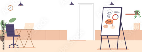 Sleek Modern Office With Abundant Natural Light, Ergonomic Furniture, Desk, Chair, Flipchart, Potted Plants