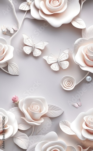 3d mural rose flowers wallpaper with pearl and butterfly. light simple background  Generative AI