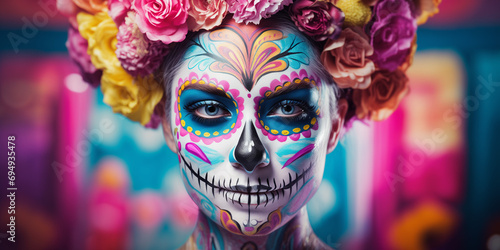 Cinco de Mayo. Calavera: Abstract Mexican Skull Face Paint. An abstract banner featuring a portrait in Mexican carnival style. © PEPPERPOT