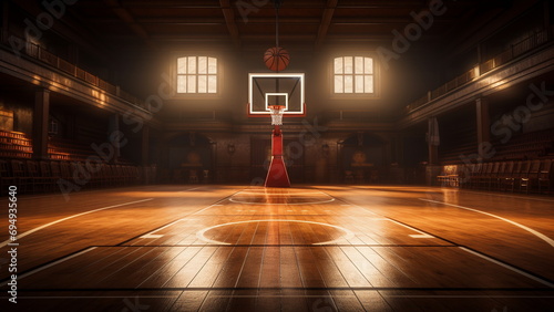 image of a basketball court facing the basketball hoop with Generative AI photo
