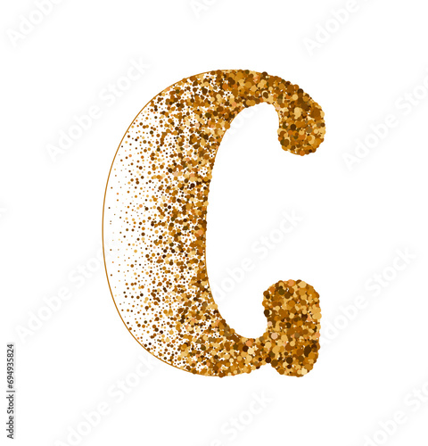 Letter G of Latin alphabet decorated with sand effect stipple texture vector illustration, round confetti dots grunge pattern, speckled chaotic particles, geometric image, golden chaotic dots abc