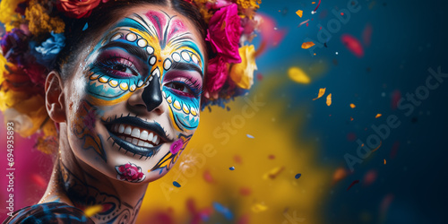 Cinco de Mayo. Calavera: Abstract Mexican Skull Face Paint. An abstract banner featuring a portrait in Mexican carnival style.
