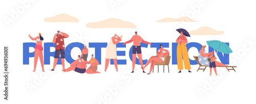 People Characters Wisely Shield Themselves From The Sun Harsh Rays, Donning Hats And Applying Sunscreen, Banner