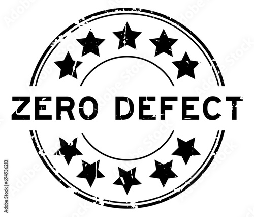 Grunge black zero defect word with star icon round rubber seal stamp on white background