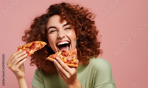 A Woman Enjoying a Delicious Slice of Pizza With Joy and Excitement