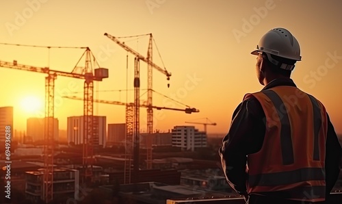 Construction Worker Observing Cityscape at Sunset © uhdenis