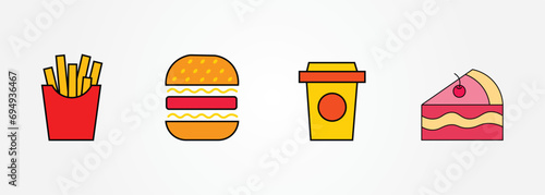 Fast food sign such as hamburger, french fries, cola and cake or eat fast food flat color icon. Harmful high calorie food simple symbol on isolated white background. EPS 10 vector