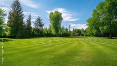 Beautiful manicured country lawn surrounded by trees and shrubs on a bright summer day. Spring summer nature