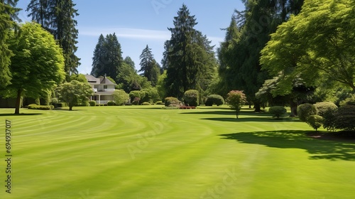Beautiful manicured country lawn surrounded by trees and shrubs on a bright summer day. Spring summer nature © Intelligence Studio