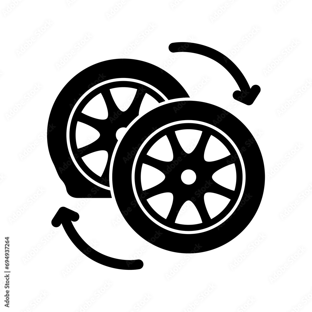 Car wheel changing icon. Flat tire is replaced with a new wheel