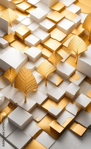 3d modern mural wallpaper with light background. golden tree leaves and white squares, Generative AI