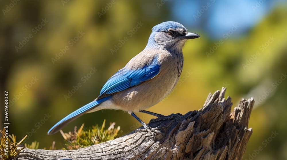 California scrub-jay portrait perched on a tree stump in Trione-Annadel State Park in Santa Rosa, California - on a sunny spring day California scrub-jay portrait perched on a tree stump in Trione-Annadel State Park in Santa Rosa, California - on a sunny spring day