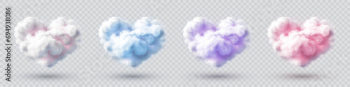 Cloud heart. Pink and blue 3d smoke in sky, fluffy realistic purple dream, pastel valentine love shapes. Summer season cloudscape. Vector realistic illustration on transparent background