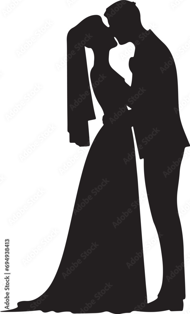 A silhouette of a bride and groom kissing A silhouette of a bride and groom kissing
