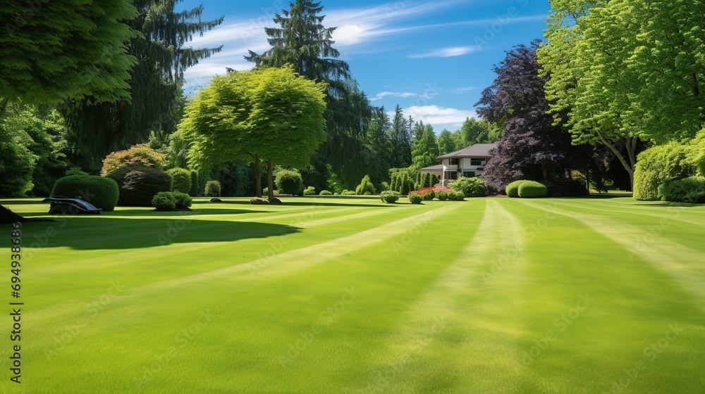 Beautiful manicured country lawn surrounded by trees and shrubs on a bright summer day. Spring summer nature