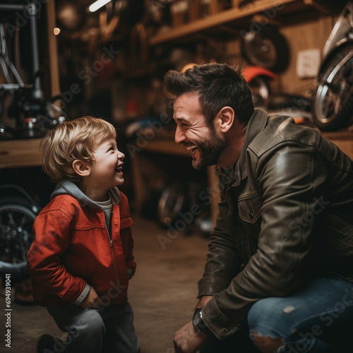 person in the garage, father and son, happy relations