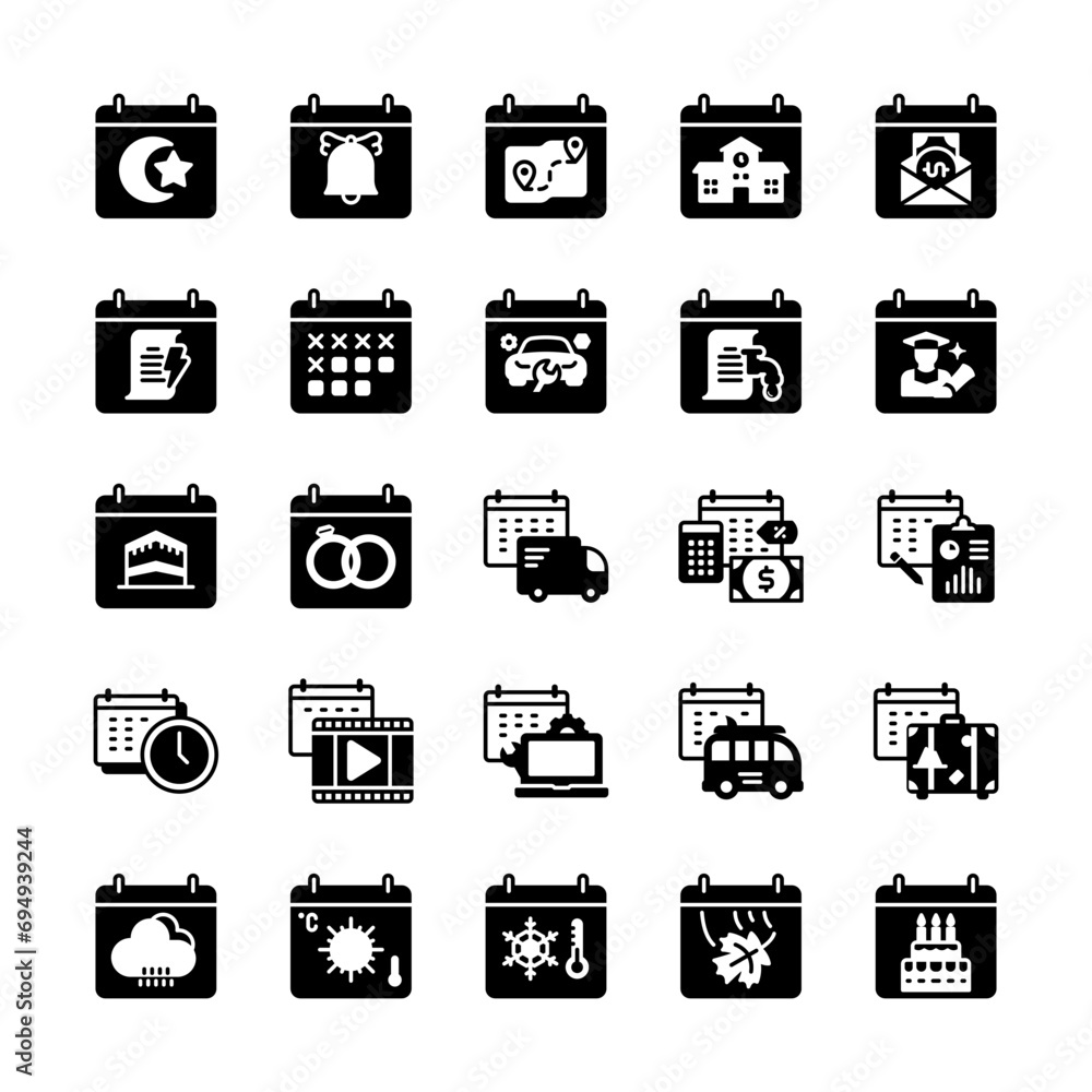 Vector illustration of a calendar icon set of events and important days, glyph style, simple, including, Islamic hijri year, birthdays, wedding dates, engagement, financial planning, and others.