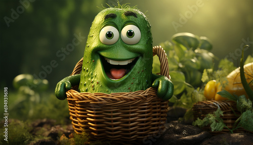 Cute animation cucumber in basket. Vegetable & fruit design character. Funny 3D design copy space. Concept for healthy food