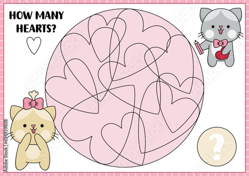 Saint Valentine counting game with cute kawaii cats and heart squiggles. Love holiday math activity for kids. Educational printable counting worksheet. Shape recognition quiz with hearts in circle.