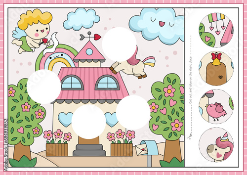 Vector Saint Valentine cut and glue activity. Crafting game with cute kawaii date scene. Fun love holiday printable worksheet. Find the right piece of puzzle. Complete the picture with missing piece